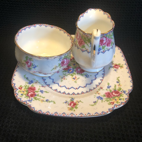 Petit Point cream, sugar & dessert plate by Royal Albert - Picture 4 of 5